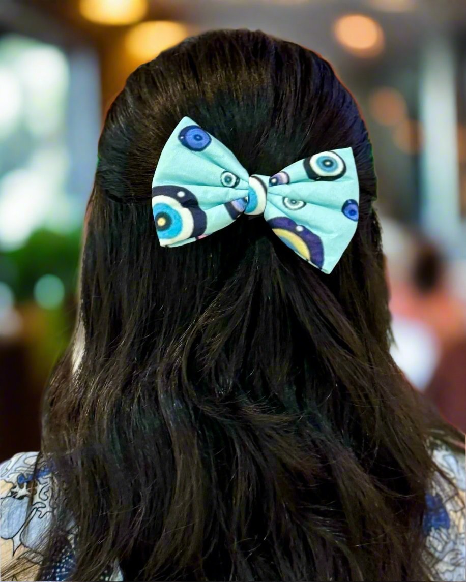 Blue Bow hair clip with Evil Eye print