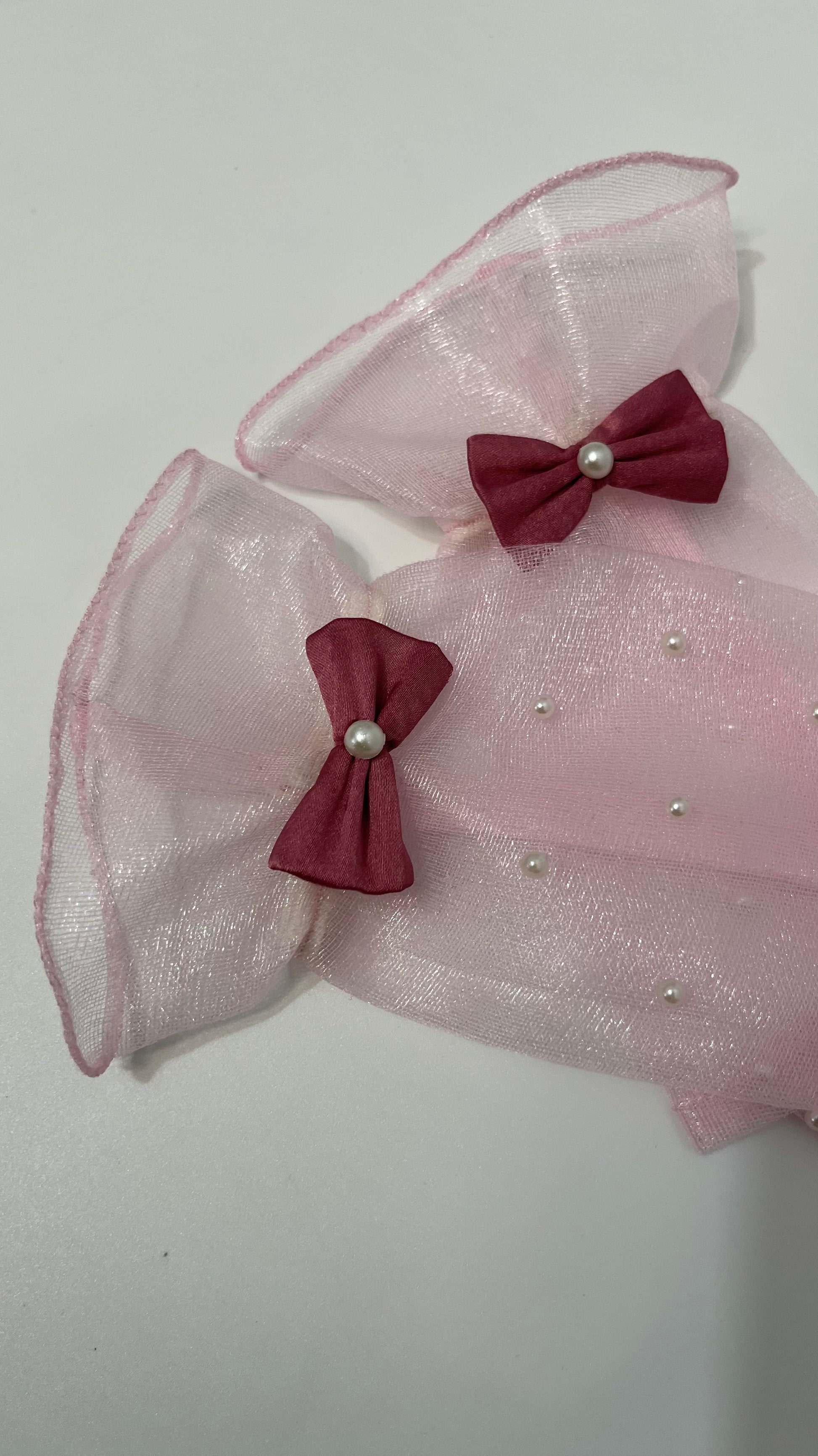 Light Pink and wine Net Gloves with Pearl for Girls