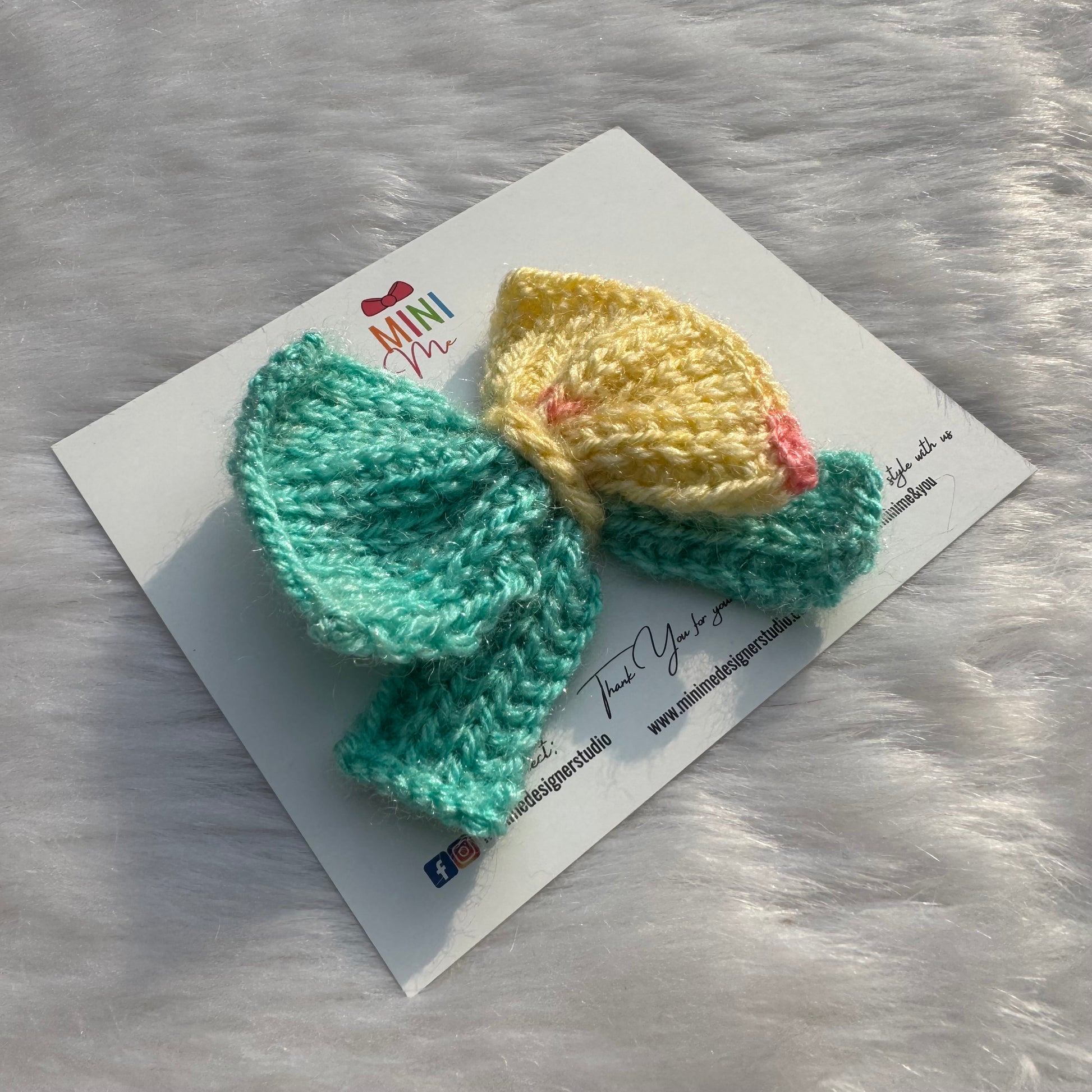 Yellow & Light Teal Knitted Pigtail Bow Baby Headband