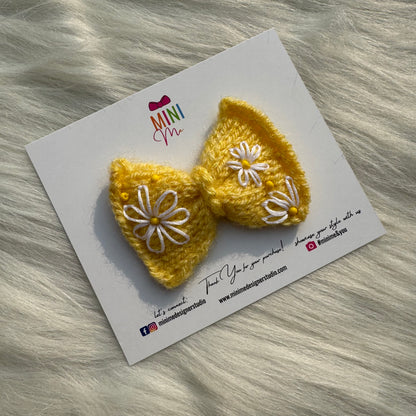 Yellow Knit Bow with Daisy Embroidery | Baby Headband