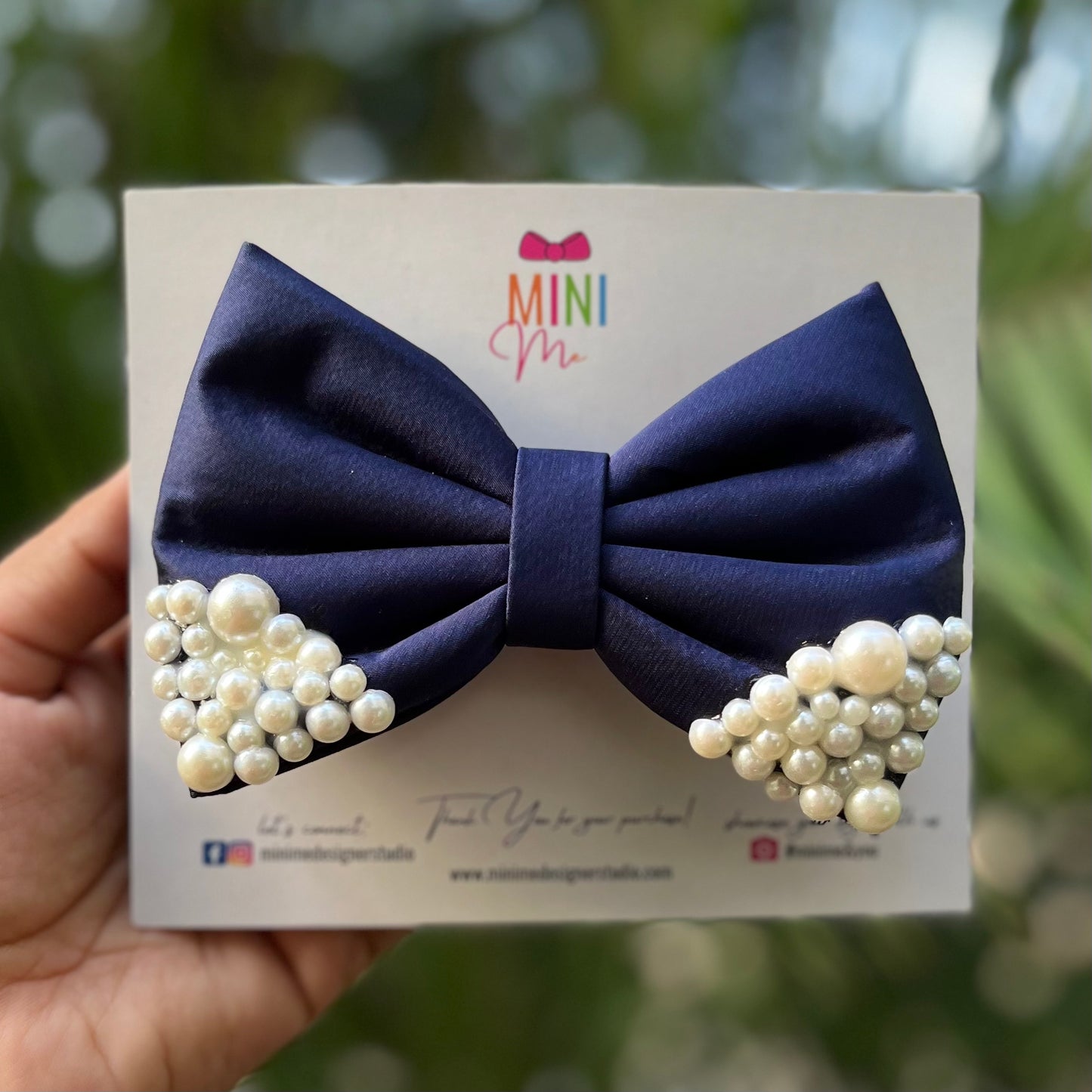 Navy blue pearl hair bow clip