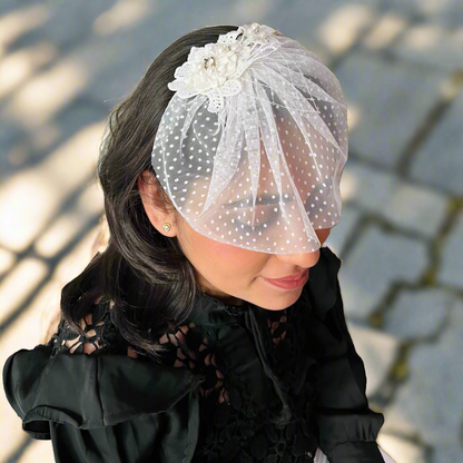 Bridal White Short Veil for a summer photoshoot 