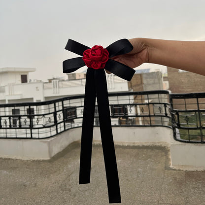 Black satin ribbon long tail bow hair clip with red rose flower | Designer ribbon hair bow clip