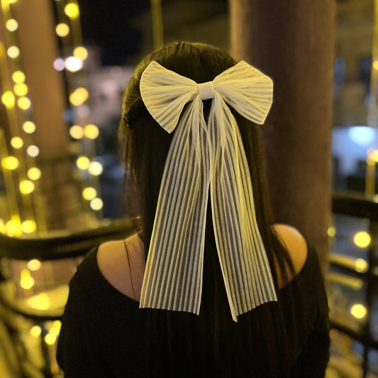 Ivory Cascade Pleated Long Tail Bow Clip