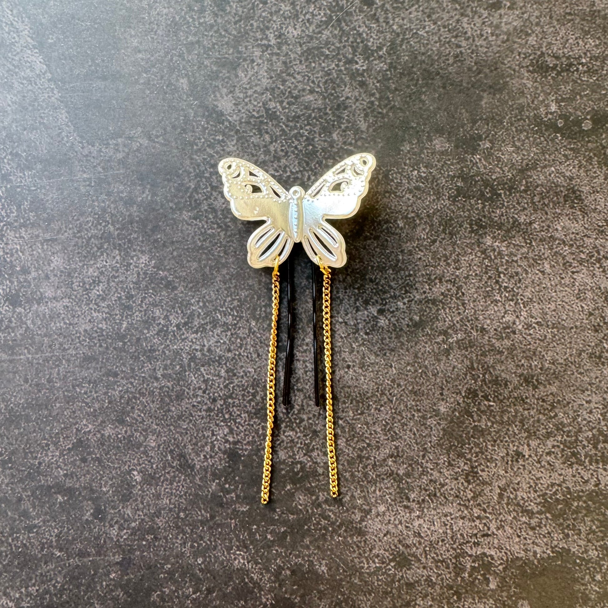 Elegant White Butterfly Bobby U Pin with Dangling Chains