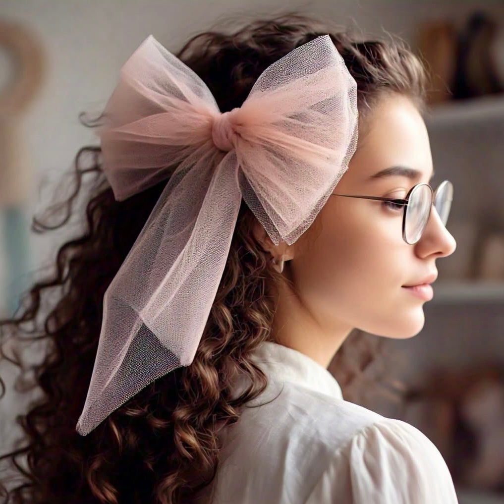 Peach Tulle Bow Hair Clip