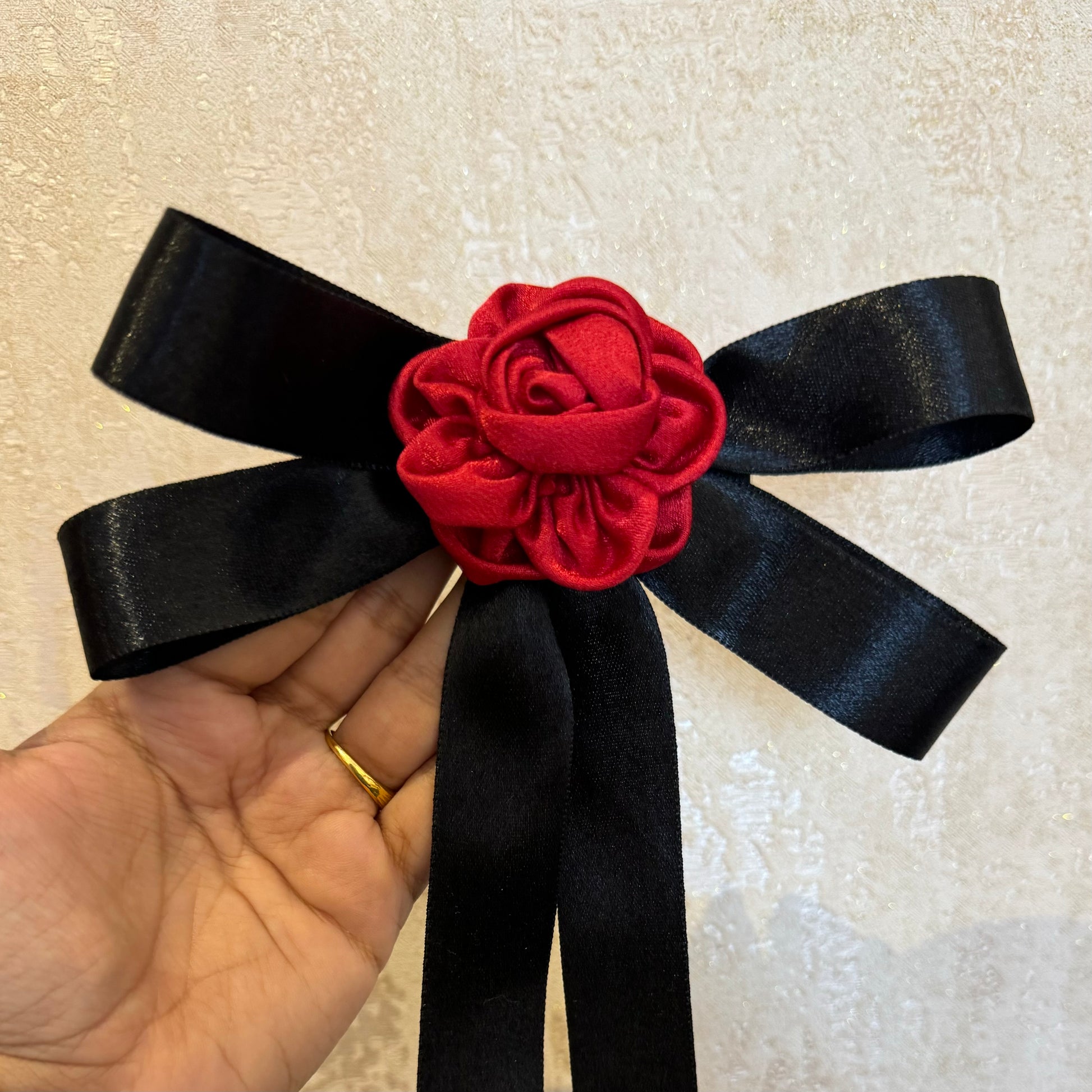 Black Ribbon Hair Bow Clip with Red Rose