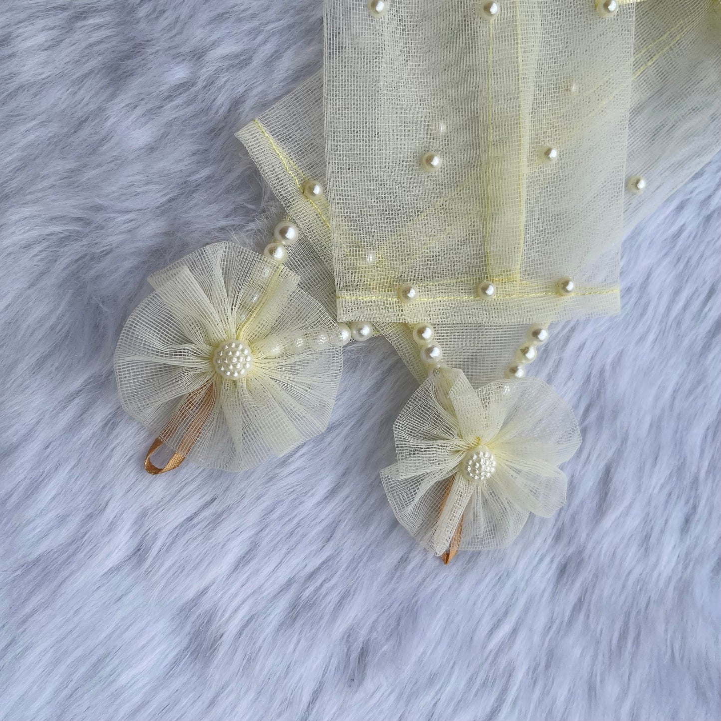 Pastel Yellow Fingerless Princess Gloves with Pearls