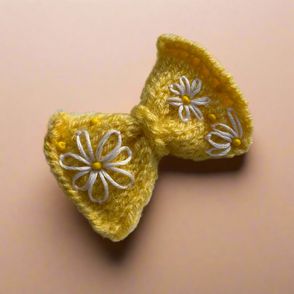 Yellow Knit Bow with Daisy Embroidery