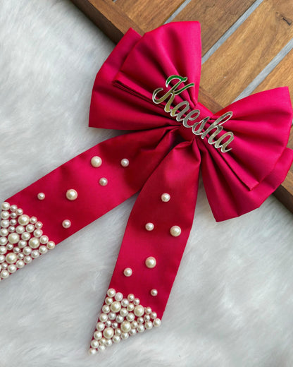 Custom Name Pearl Embellished Fuchsia Pink Hair Bow Clip | personalized gift for her