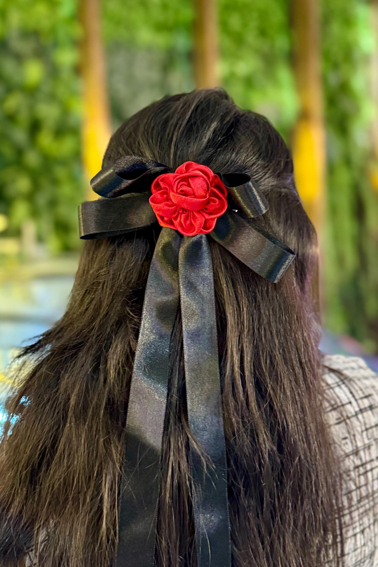 black ribbon long tail hair bow clip