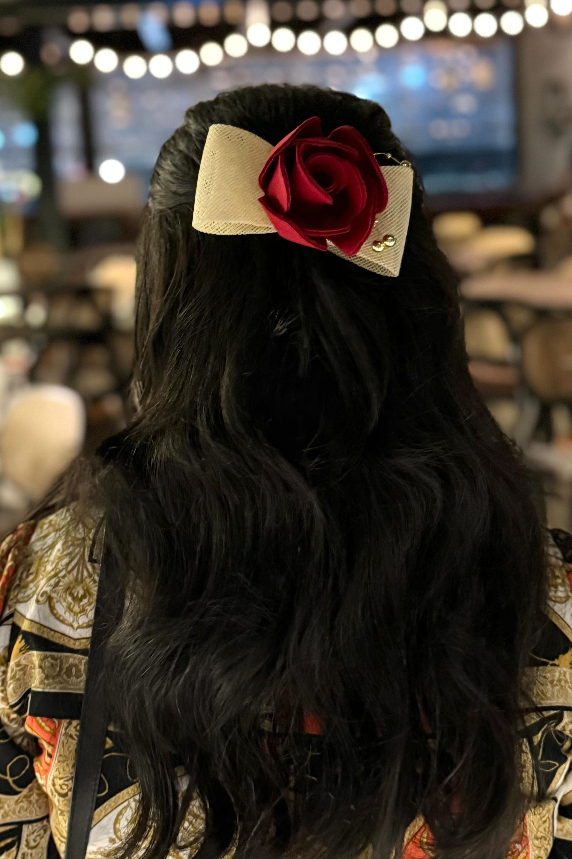 Red Rose with Golden Bow Hair Clip