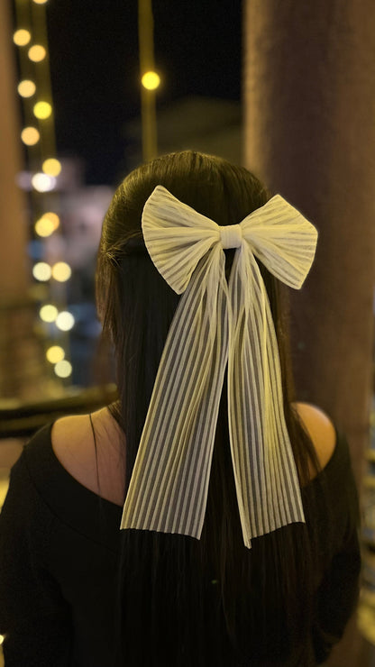 White Pleated Hair Bow Clips