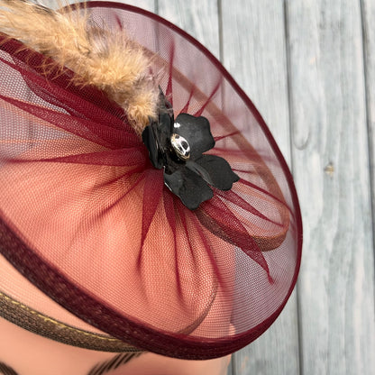 Wine and Beige Fascinator Half Hat with feather and flower 
