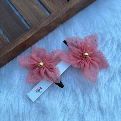 Pink Petals Hair Clip Set with Gold Accents – Set of 2