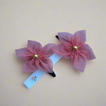 Pink Petals Hair Clip Set with Gold Accents – Set of 2