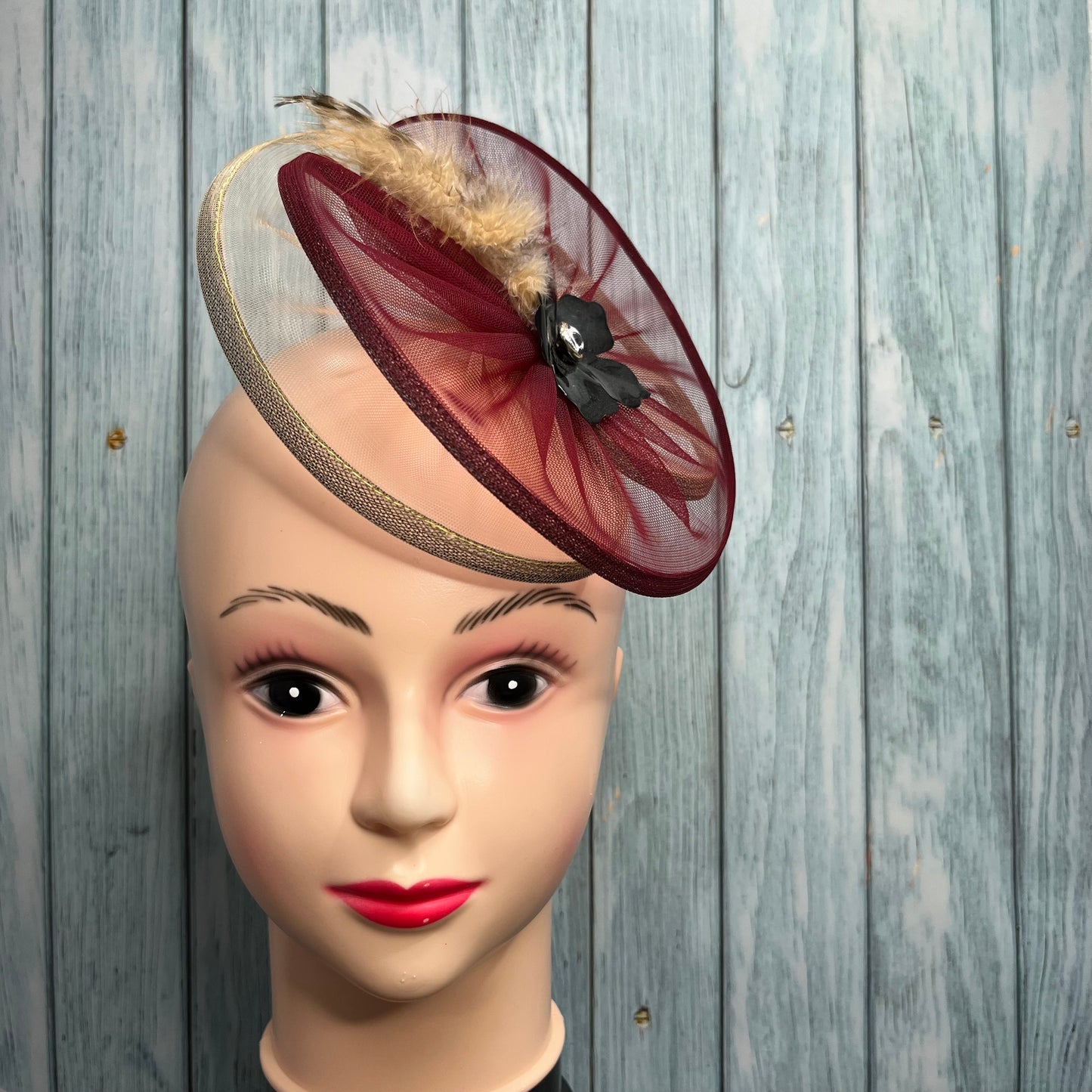Wine and Beige Fascinator with feather and flower | Royal Kate Kate Middleton Hat