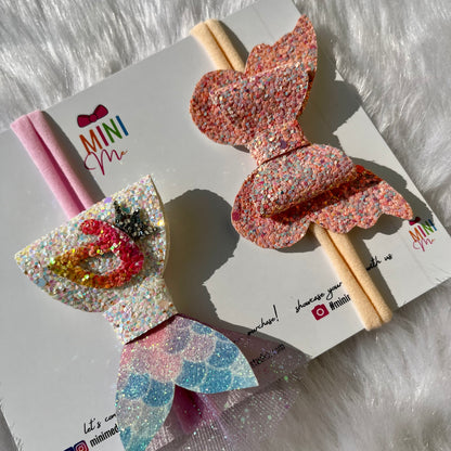 Butterfly and Mermaid Bow Hair Clip Set | Glitter Headband for Diwali