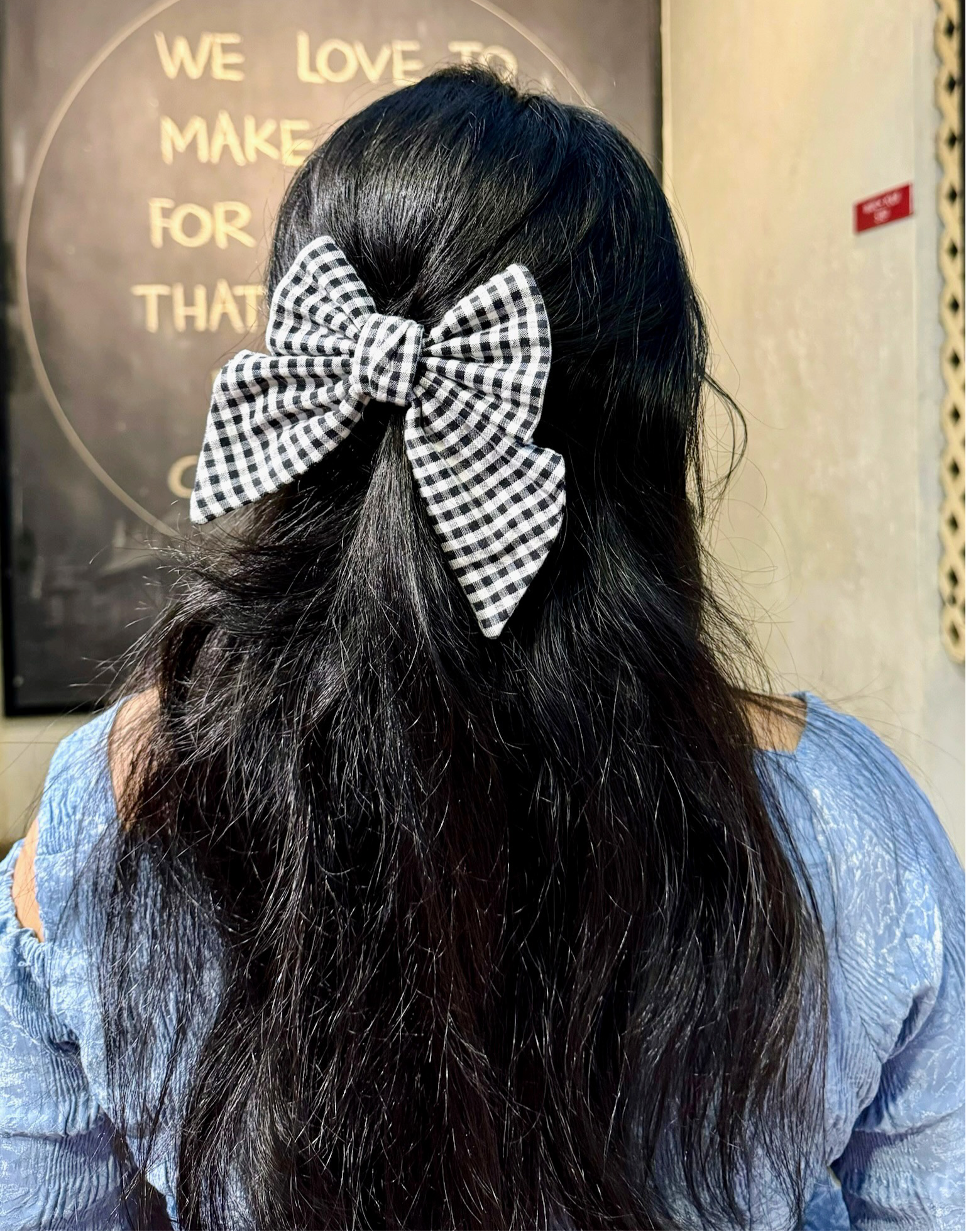 Black and white gingham style checker hair bow clip