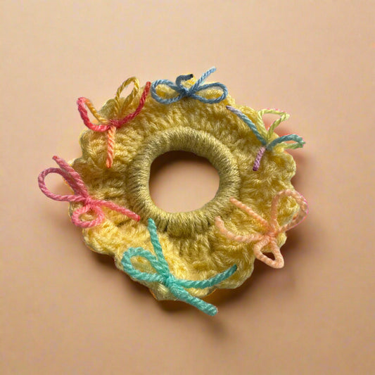 Yellow Bow Knitted & Plush Crochet Hair Tie Scrunchie