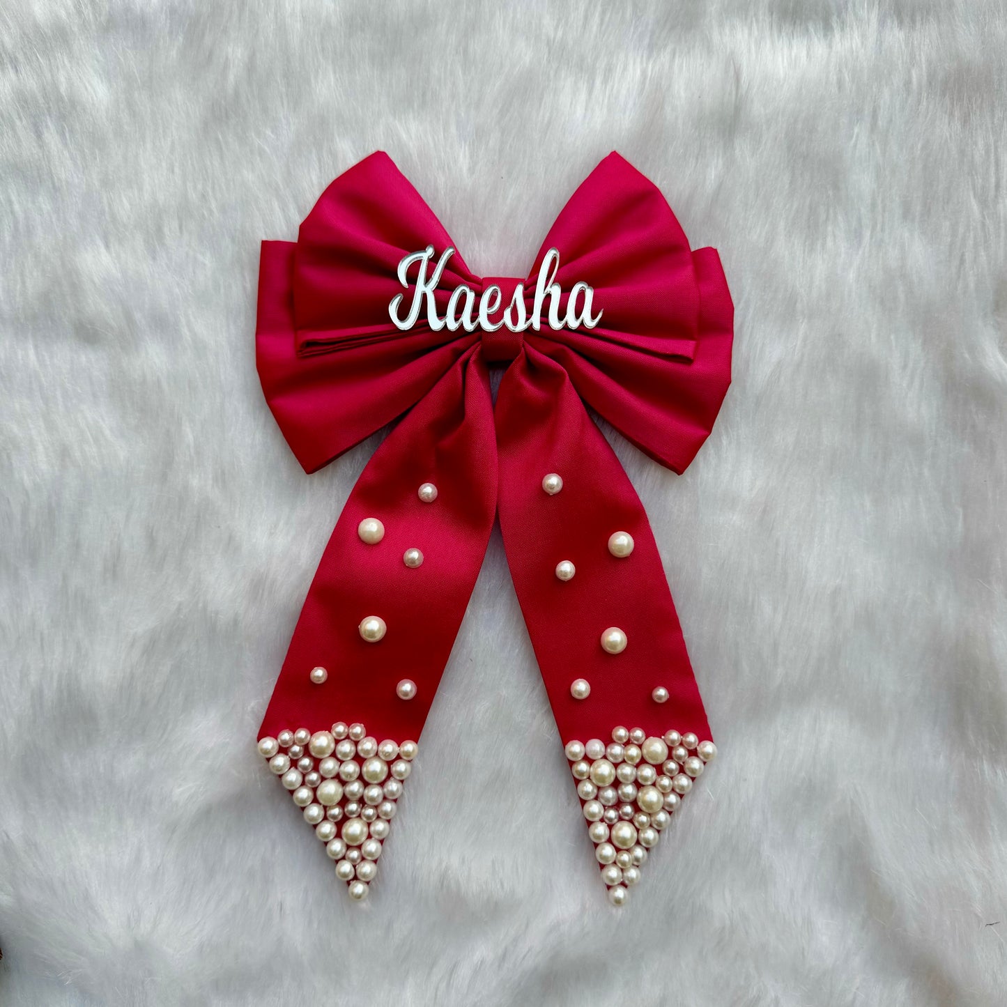 Custom Name Pearl Embellished  Dark Pink Hair Bow Clip 