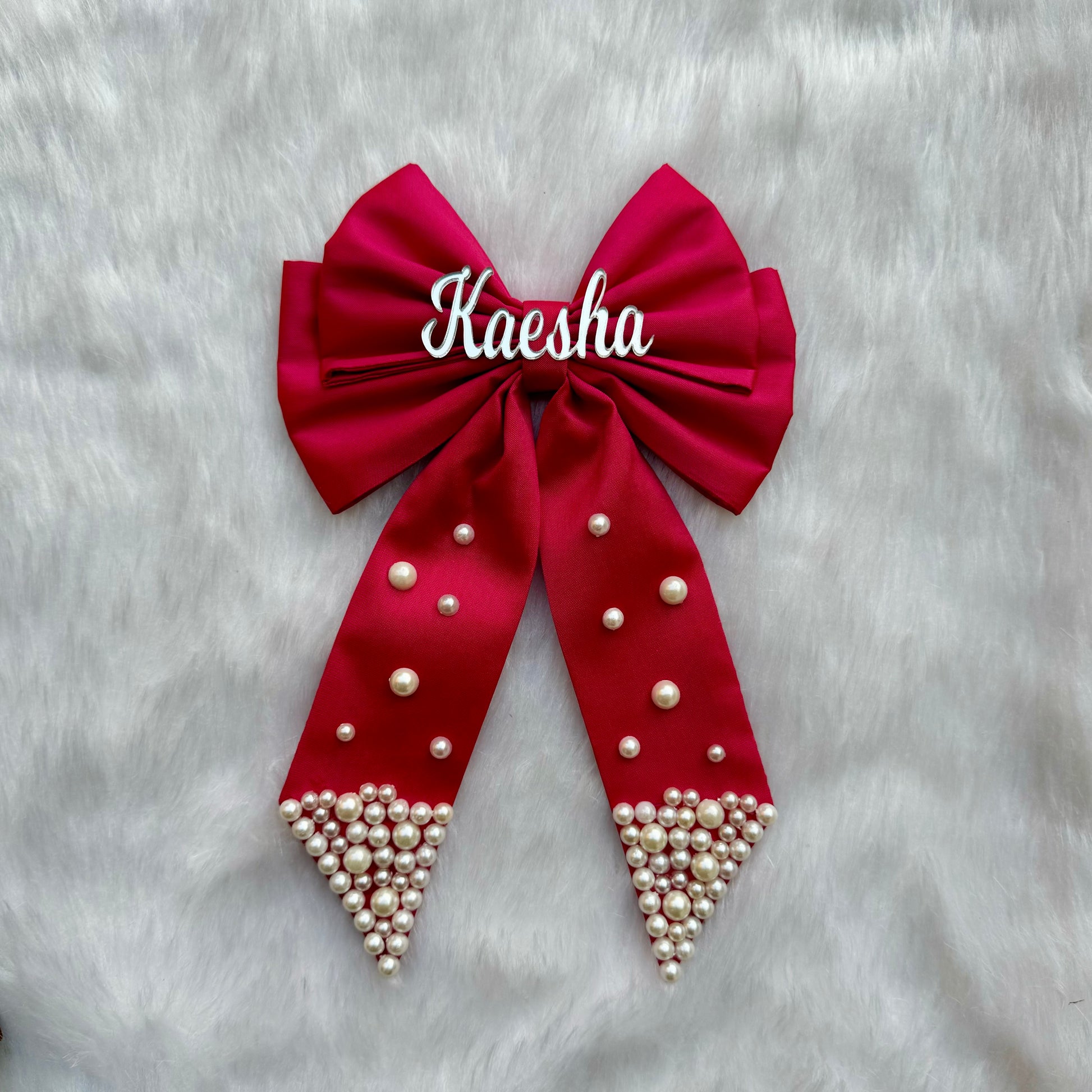 Custom Name Pearl Embellished  Dark Pink Hair Bow Clip 