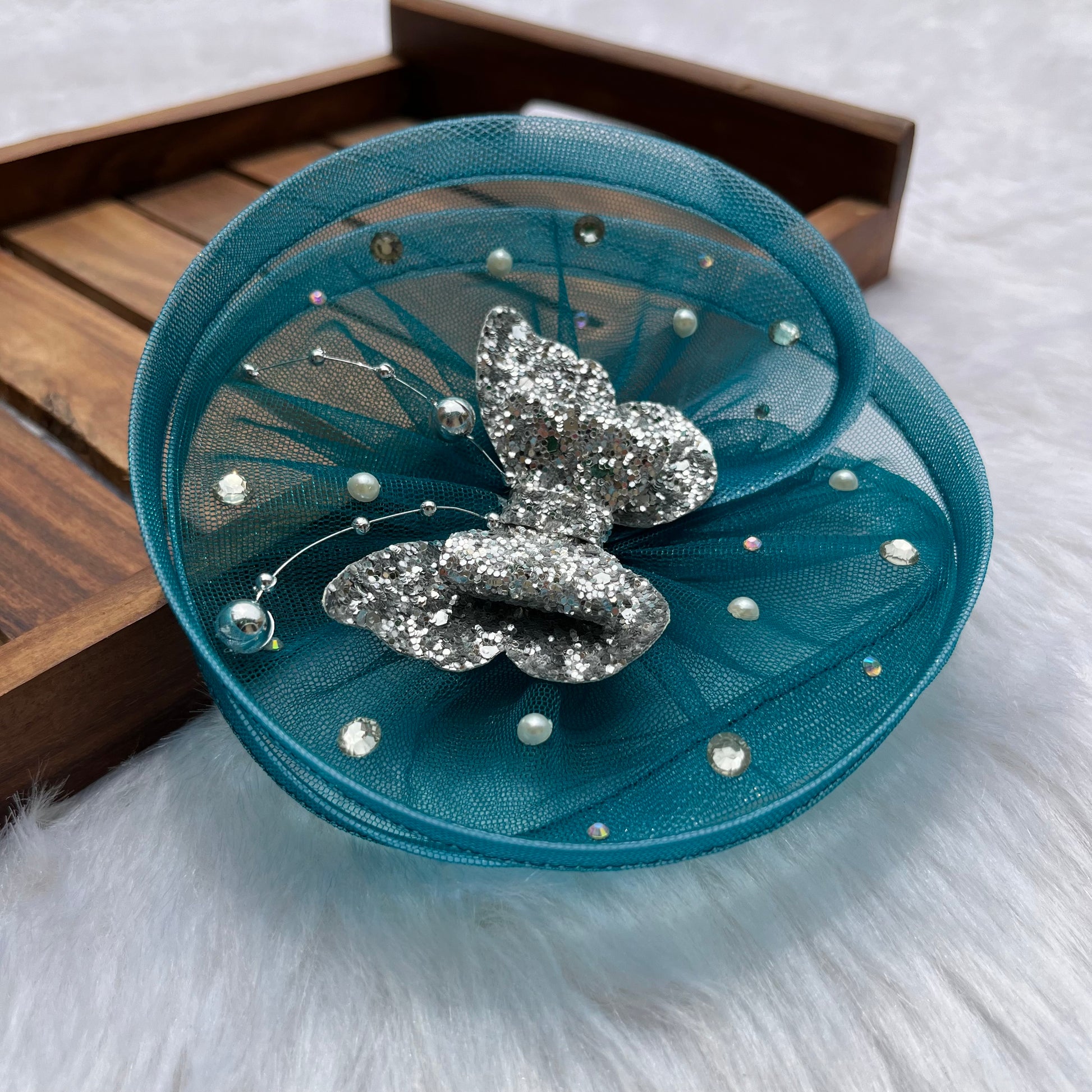 Teal Pearl Embellished Fascinator | Baby Headband | Butterfly