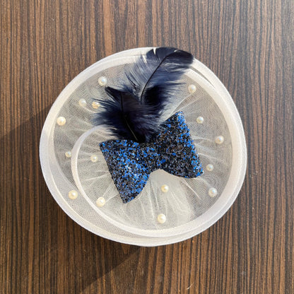 Twisted White Fascinator with Blue sparkle Bow and Feather | Big hair clip