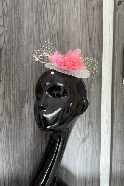 White and Pink Fascinator Hat with Golden Short Veil