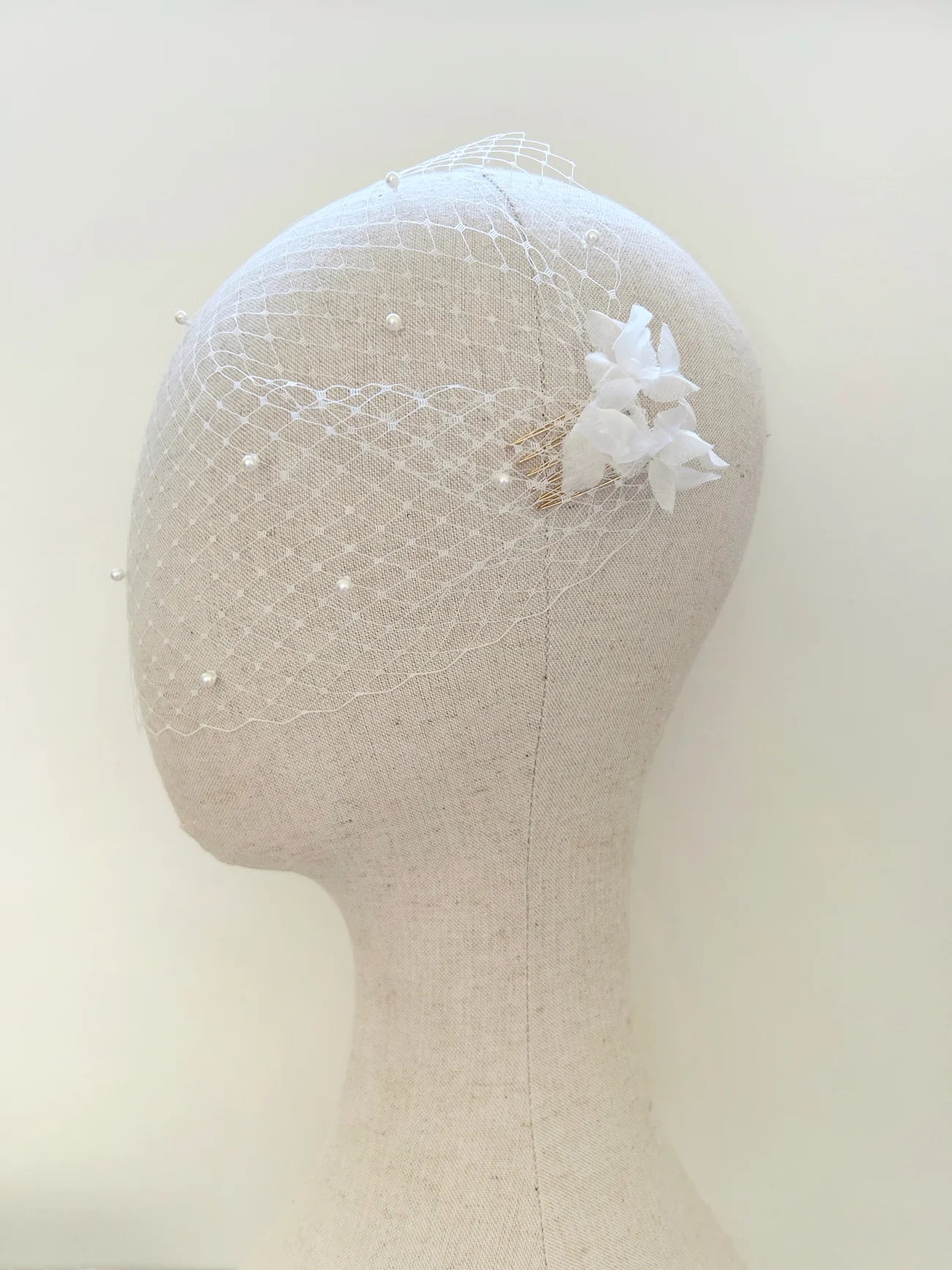 Pearl Petals White Birdcage Veil | Couture Fascinator