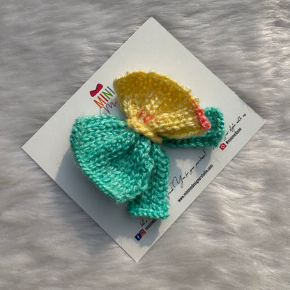 Yellow & Light Teal Knitted Pigtail Bow Hair Clip