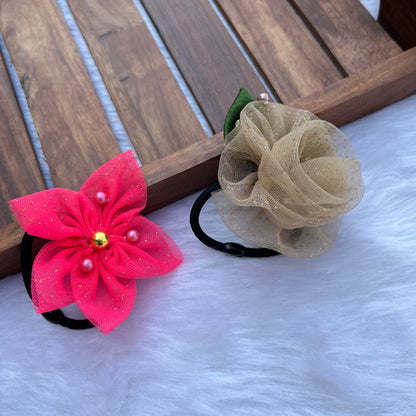 Pink Flower & Gold-Toned Bloom Hair Tie Set