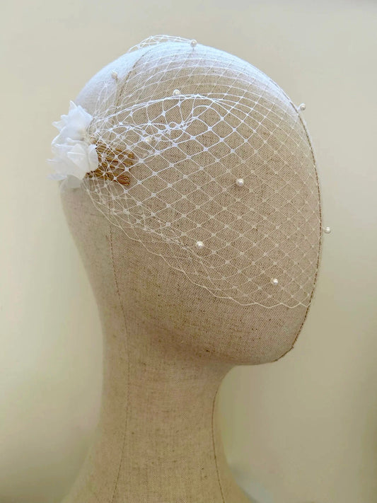 Pearl Petals White Birdcage Veil with Comb Hair Clip