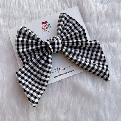 Black and White Checkered Pigtail Hair Bow Clip