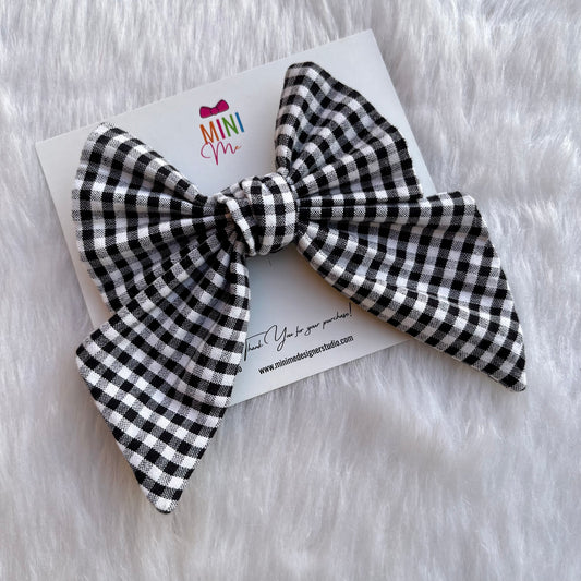 Black and White Checkered Pigtail Hair Bow Clip