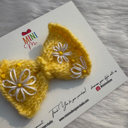 Yellow Knit Bow with Daisy Embroidery | Hair Clip