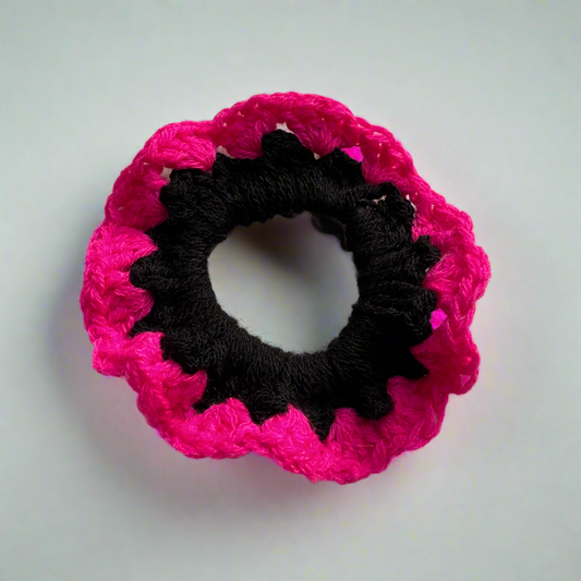 Hot Pink & Black Knitted & Plush Crochet Hair Tie Scrunchie