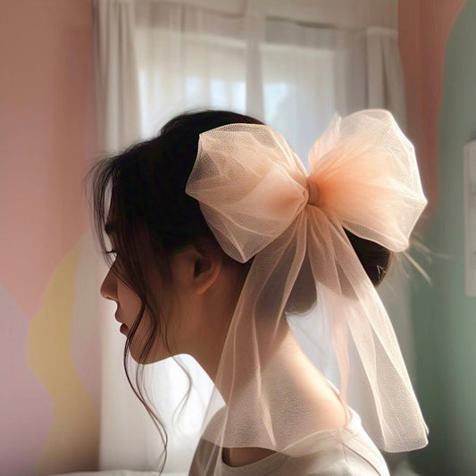 Peach Tulle Big Bow Hair Clip