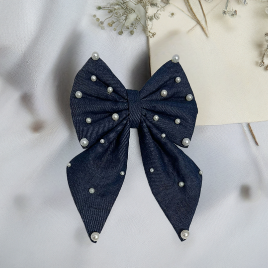 Denim Navy Blue Pigtail Bow Clip with pearls