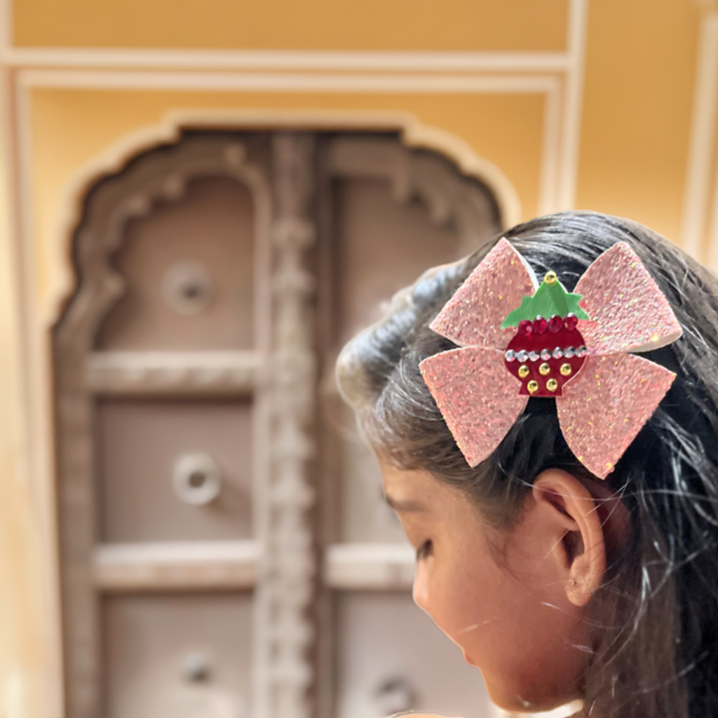 Festive Kalash Glitter Pinwheel Bow for garba hair styling