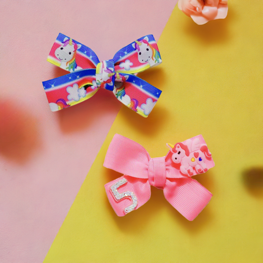 Birthday Unicorn Ribbon Bow Hair Clips for baby girls