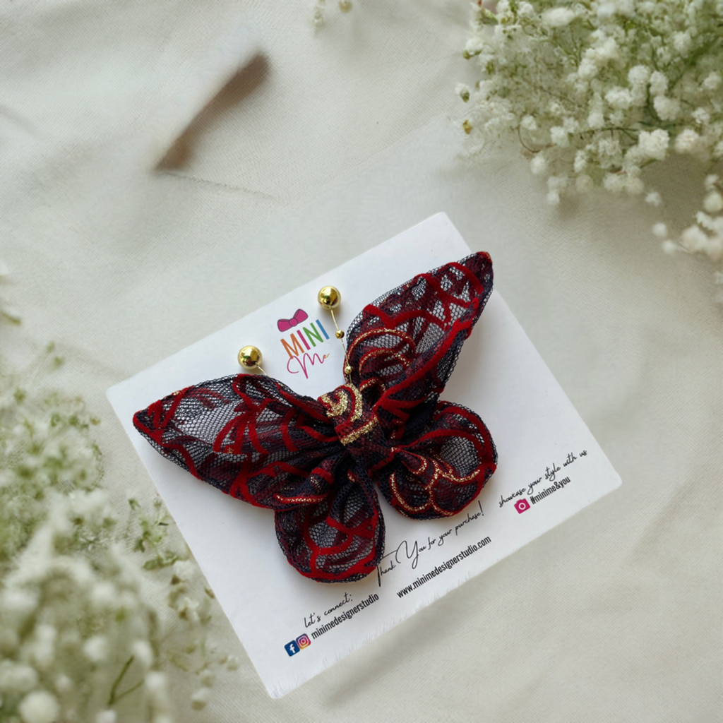 Enchanted Crimson Butterfly Bow Hair Clip or Baby Headband