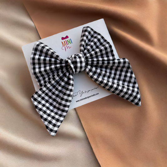 Black and White Checkered Pigtail Hair Bow Clip | Tiger Scarf Fabric