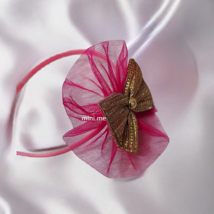 Pink Flower Hairband with Golden Bow