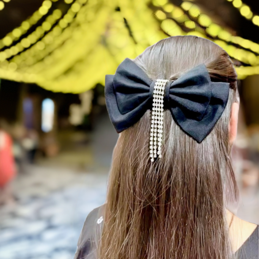 Midnight Jewel Silk Black Bow Hair Clip for a Party Look