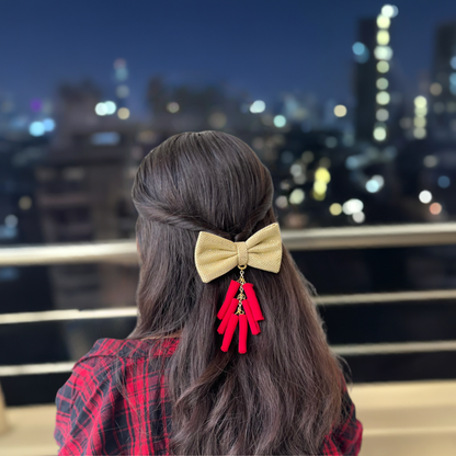 Diwali Golden Hair Bow with Red Patakha Hanging