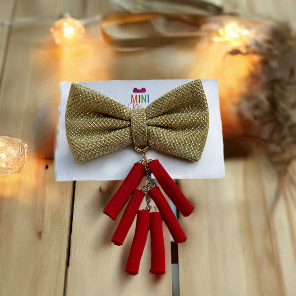 Diwali Golden Hair Bow with Red Patakha Hanging | Perfect Diwali Look