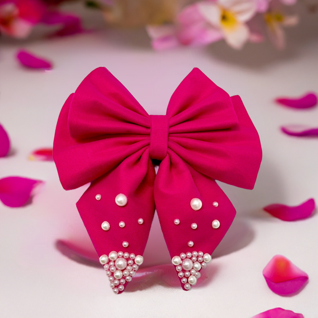 Pink Big Pigtail Hair Bow with pearls 