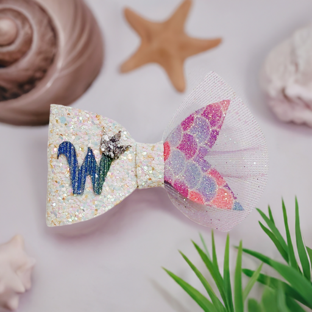 Custom Name Letter White and Pink Mermaid Bow Hair Clip