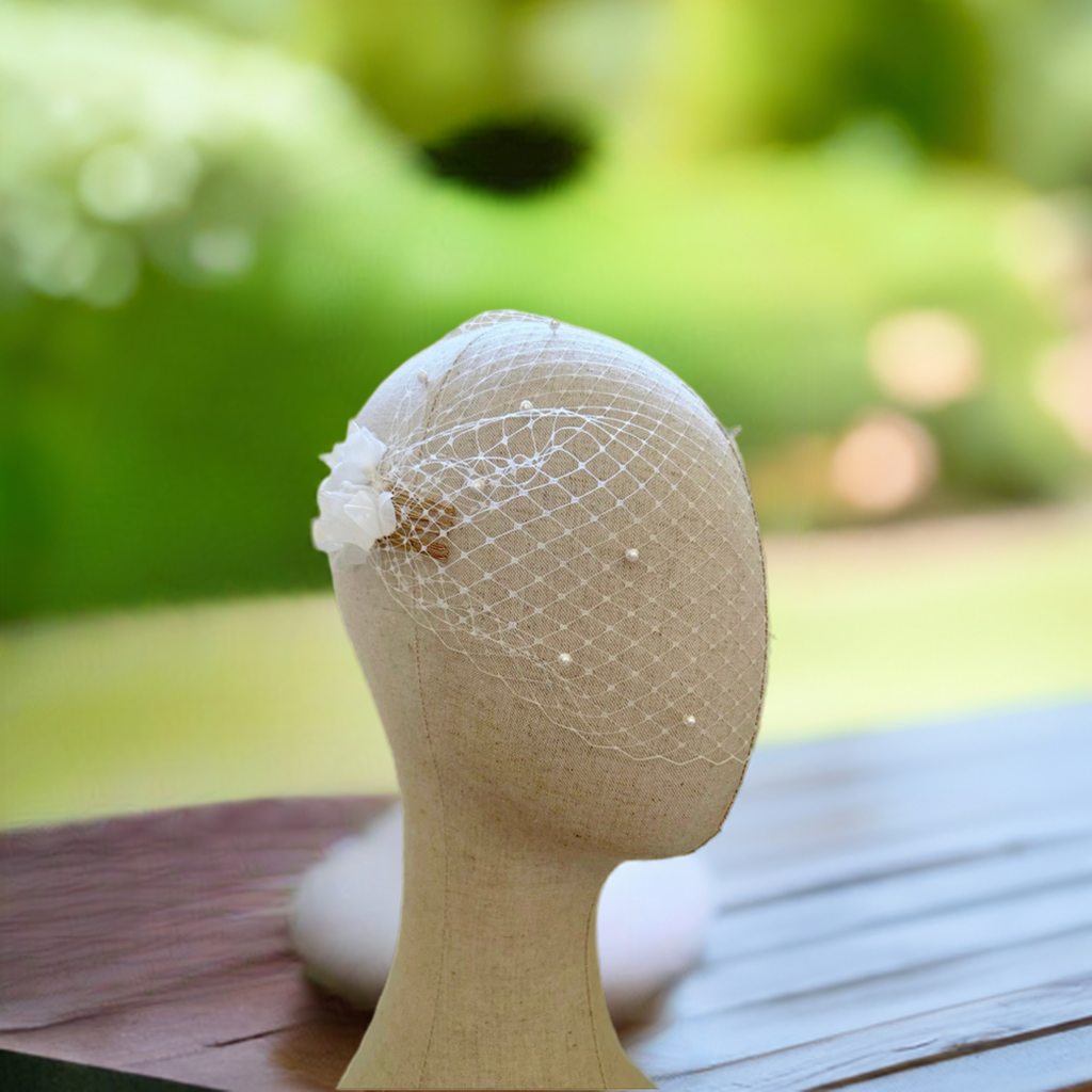 Pearl White Birdcage Veil with Comb Attachment